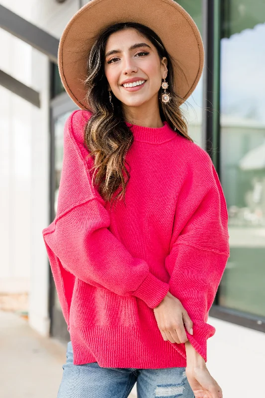 Women's Acrylic SweatersLater On Hot Pink Bubble Sleeve Sweater