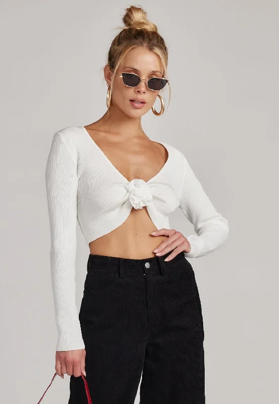 Women's Shawl Collar SweatersMarie White Long Sleeve Rosette Top