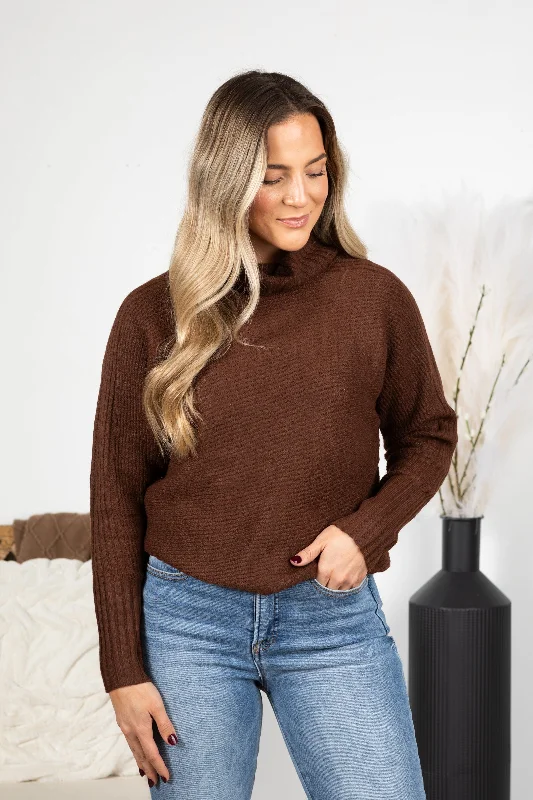 Women's Frilled SweatersBrown Turtleneck Long Sleeve Sweater