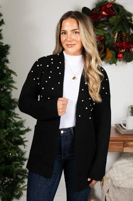 Women's Square CollBlack Cardigan With Pearl Detail