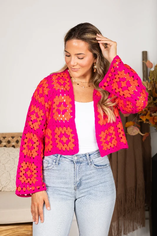 Women's Cable Knit SweatersFuchsia And Orange Crochet Cardigan