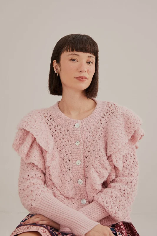 Women's Norwegian SweatersPink Flower Texture Knit Cardigan