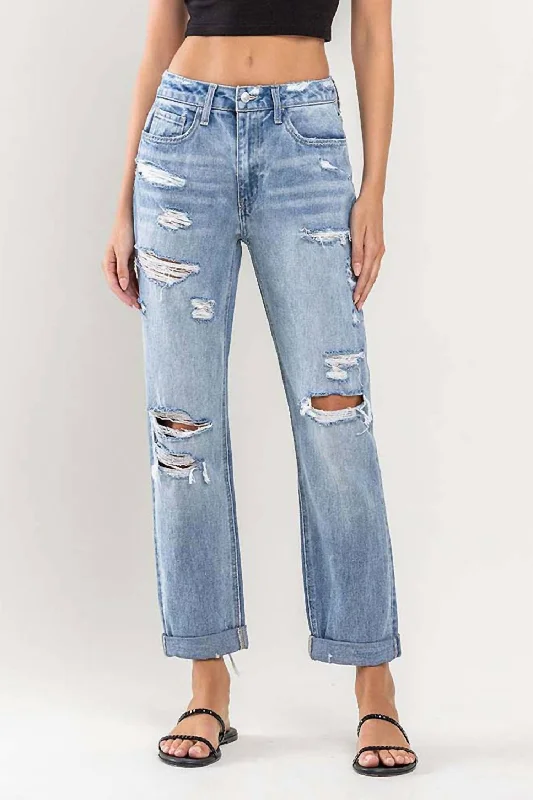 Women's Jodhpurs with Shawl CollarHigh Rise Cuffed Distressed Rigid Boyfriend Jeans In Medium