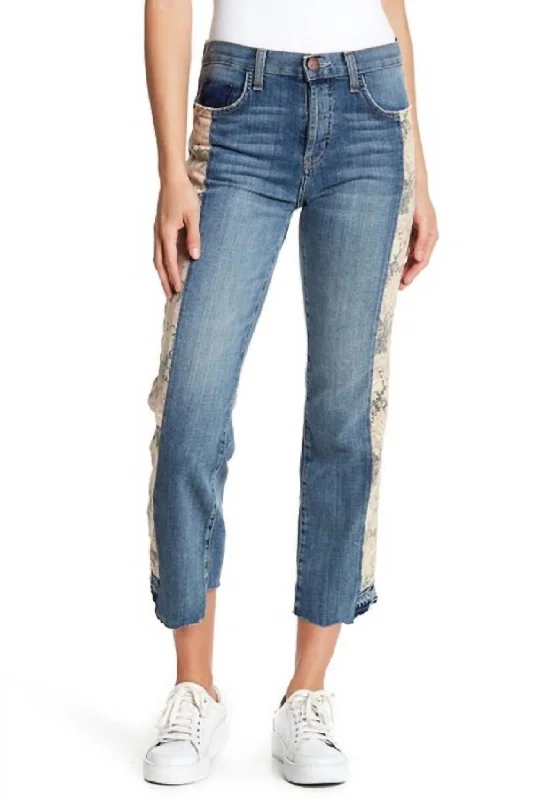 Women's Jodhpurs with Notched CollarUneven Seemed Original Straight Floral Jeans In Blue