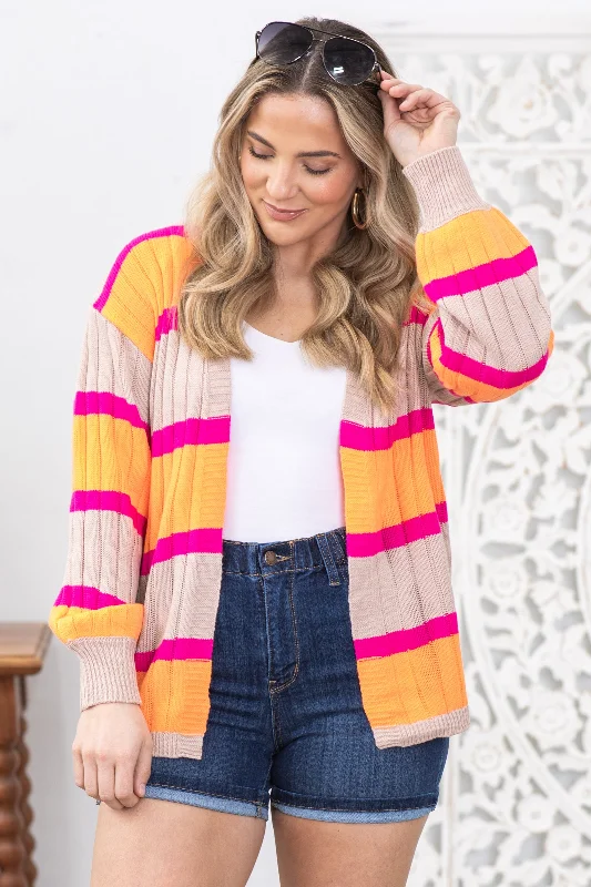 Women's High Collar SweatersOrange and Hot Pink Stripe Ribbed Cardigan