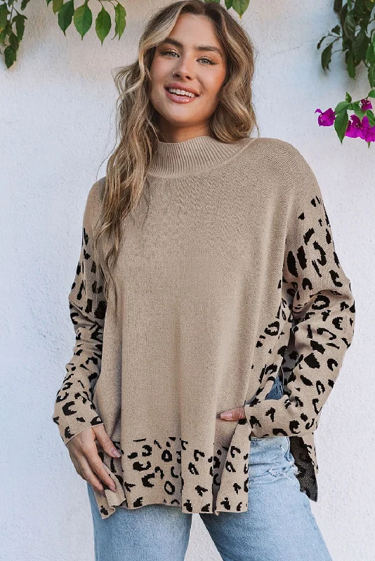 Women's Lapel Collar SweatersLeopard High Neck Side Slit Oversized Sweater