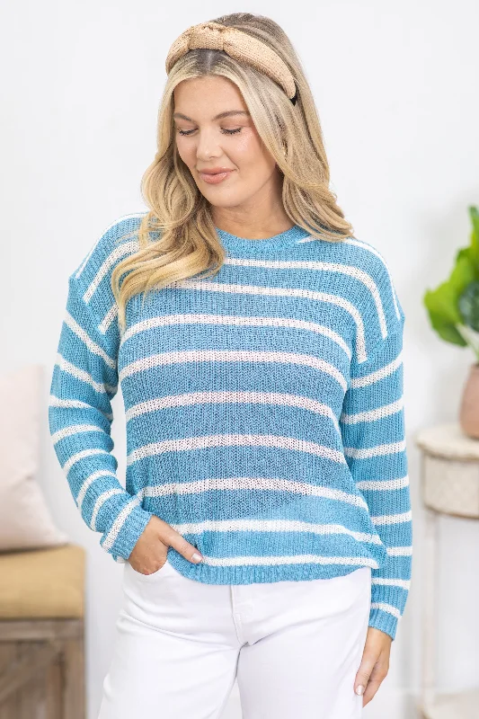 Women's Shawl Collar SweatersBaby Blue And White Stripe Light Sweater Top