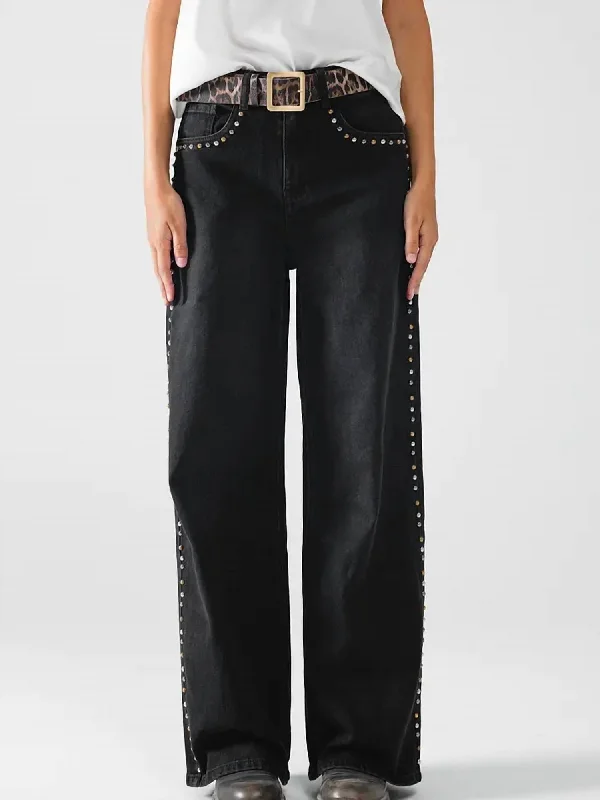 Women's Jodhpurs with V-Shaped CollarStraight Jean With Stud Trim Detail In Black