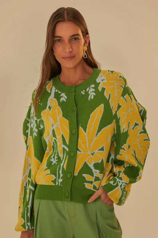 Women's Low Collar SweatersGreen Foliage Sketch Knit Cardigan