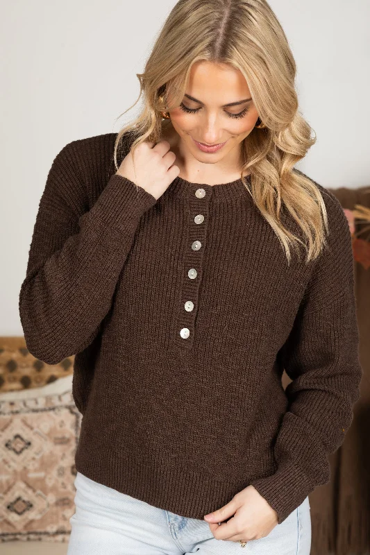 Women's Serbian Wool SweatersBrown Cotton Button Front Sweater