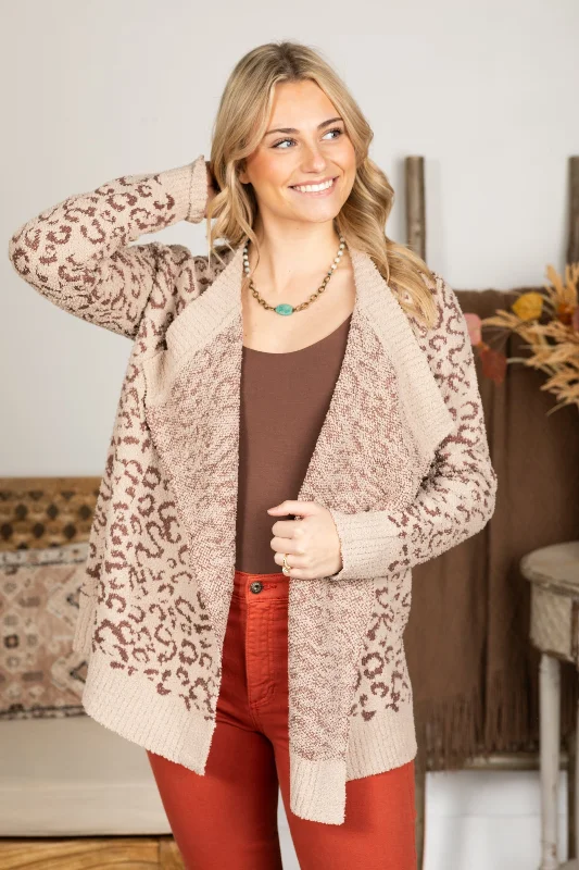 Women's Narrow Collar SweatersTaupe Open Front Animal Print Sweater Cardigan