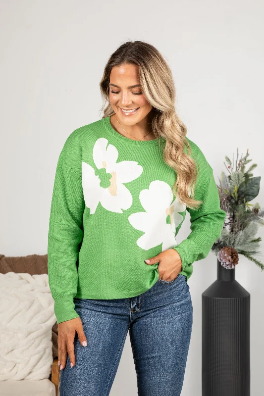 Knitted Women's CardigansGreen Floral Knit Pullover Sweater