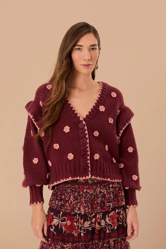 Women's Romanian Wool SweatersBurgundy Crochet Flowers Knit Cardigan