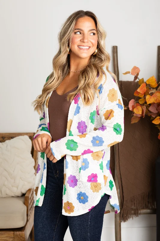 Women's Notched Collar SweatersIvory Floral Open Front Cardigan