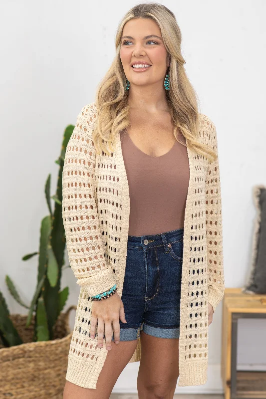 Women's Slovak Wool SweatersBeige Crochet Mid Length Cardigan