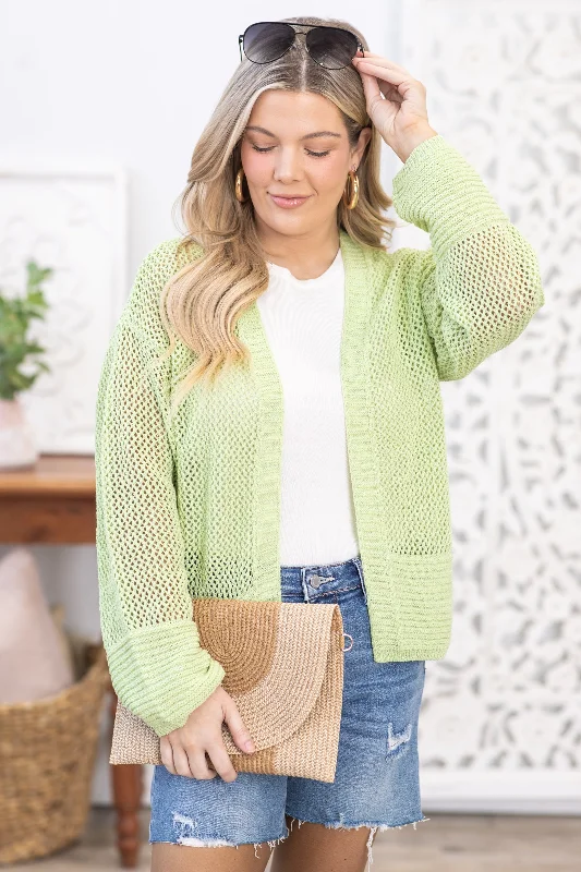 Women's Lapel Collar SweatersLight Green Hallow Knitted Cardigan