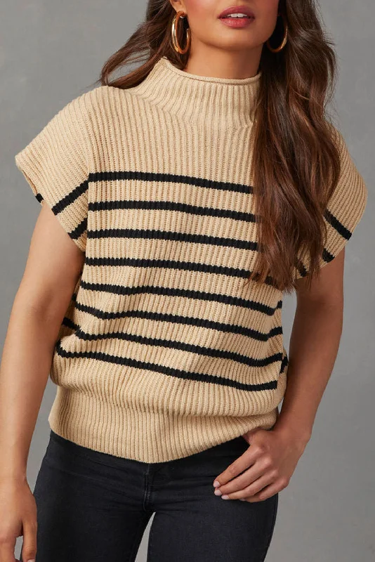 Women's Wide Collar SweatersStriped Ribbed Knit High Neck Sweater