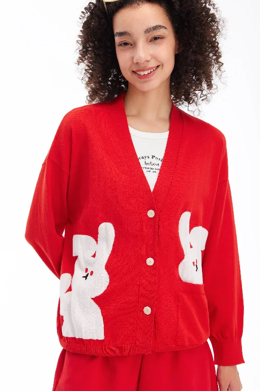 Women's Notched Collar SweatersRabbit Jacquard Cardigan