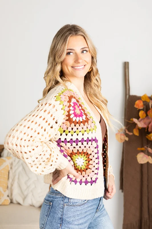 Women's Rounded Collar SweatersDark Cream Crochet Cardigan