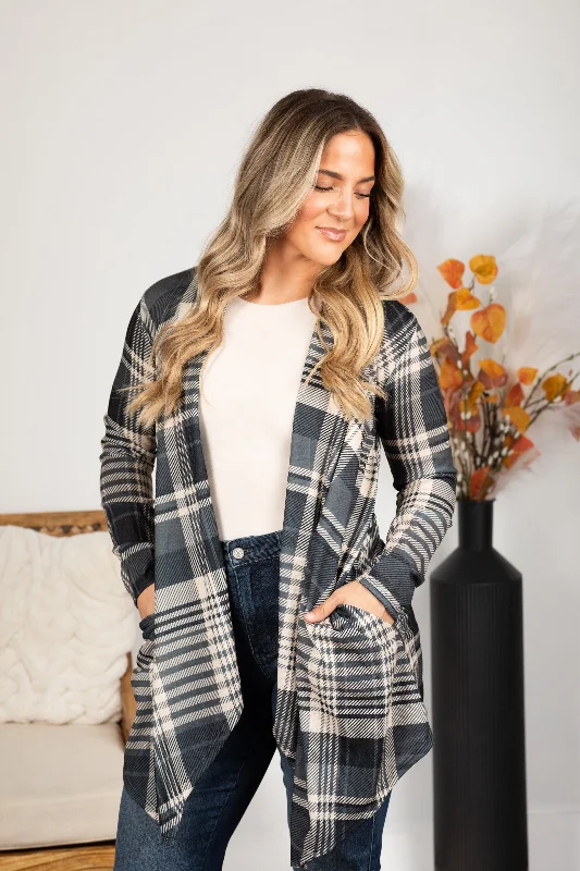 Women's U-Shaped Collar SweatersCharcoal Plaid Open Cardigan