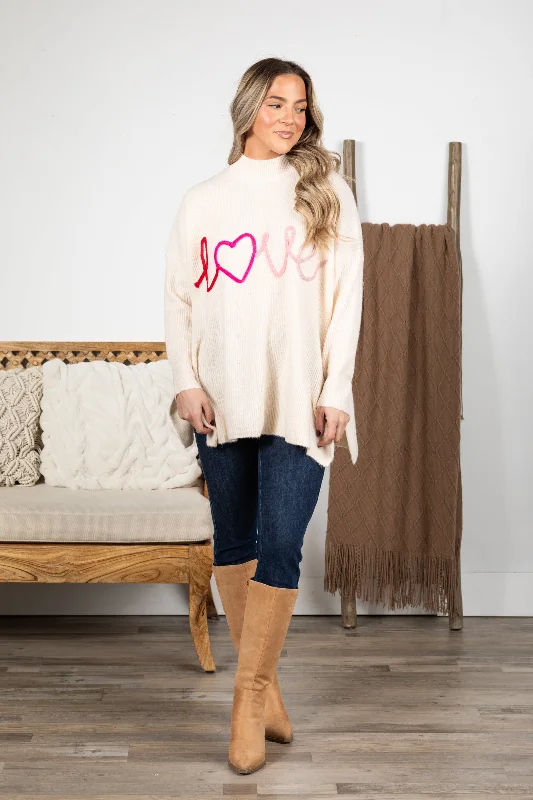 Women's Narrow Collar SweatersBeige Heart Love Sweater