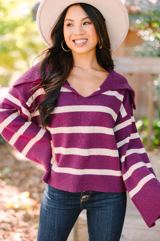 Women's Round Neck SweatersLet Them Know Plum Purple Striped Sweater