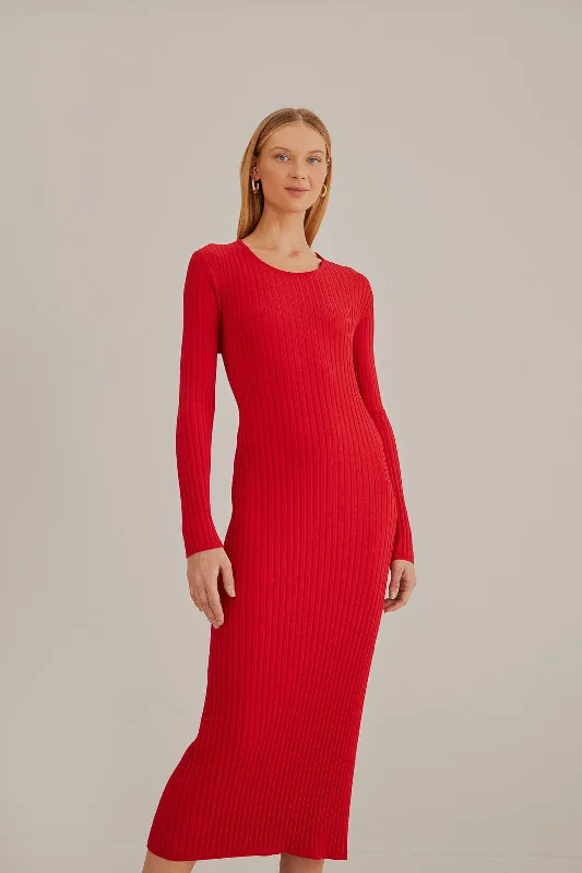 Women's Polyester SweatersRed Knit Midi Dress