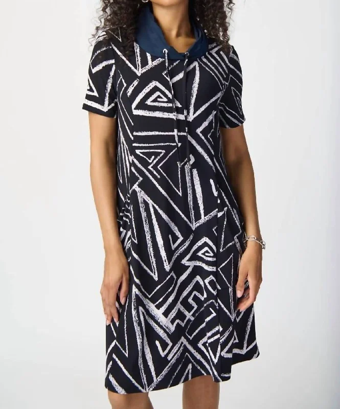 Women's Flared DressesAbstract Print Silky Knit A-Line Dress In Midnight Blue/vanilla