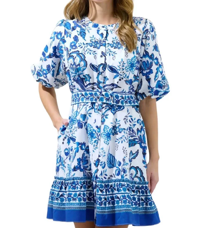 Women's Bell-Sleeve DressesBelted Floral Dress In Blue + White