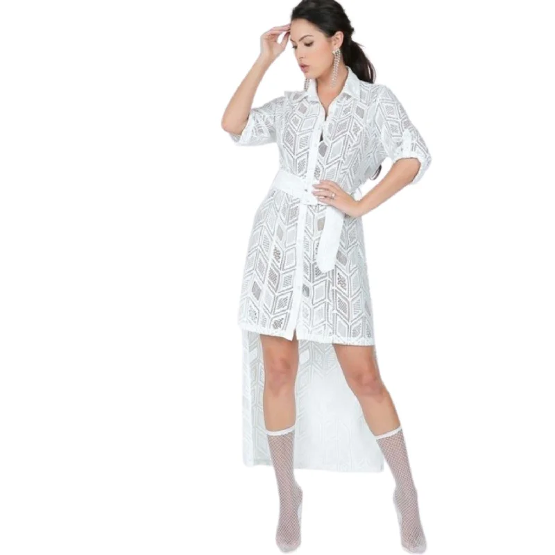 Women's Boat-Neck DressesBelted Hi Low Placket Lace Shirt Dress