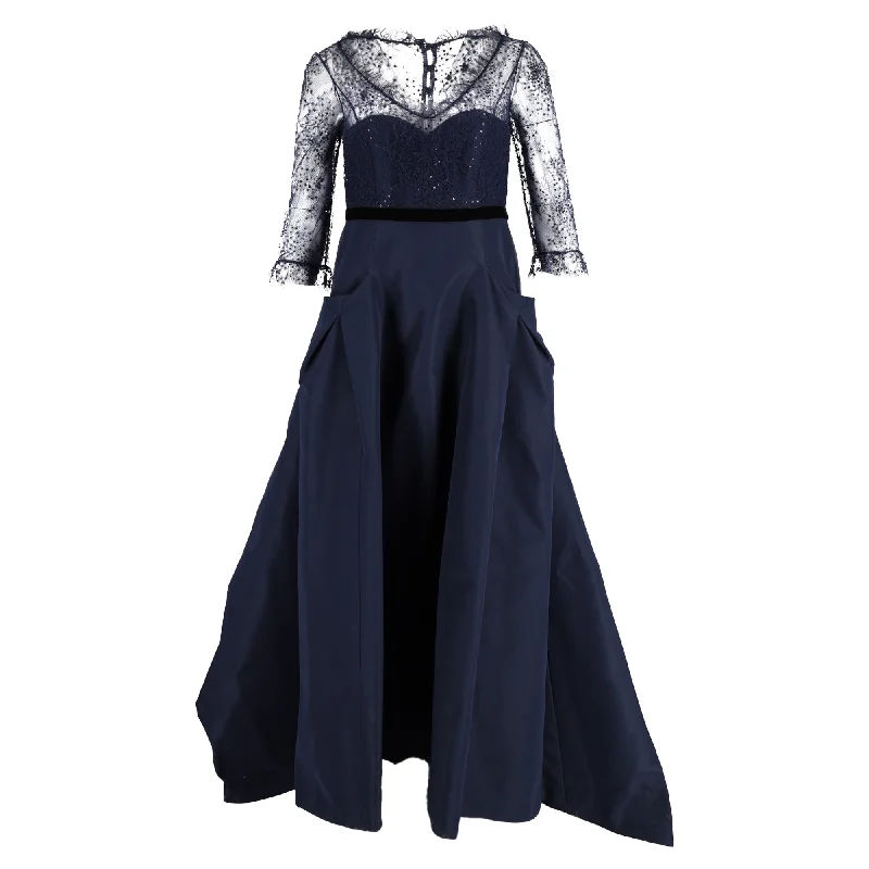 Women's Turtleneck DressesCarolina Herrera Lace Sleeve Ballgown in Navy Blue Silk