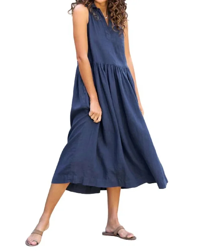 Women's One-Shoulder DressesDaphnee Sleeveless Popover Linen Shirt Dress In Navy