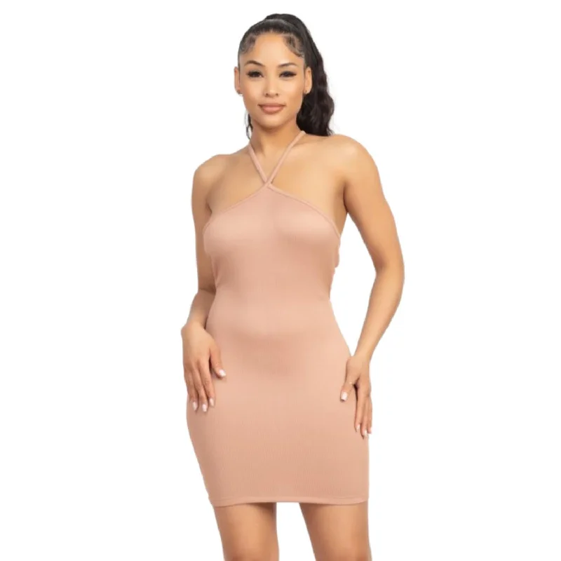 Women's Sweetheart Collar DressesHalter Neck Ribbed Seamless Cut-out Dress