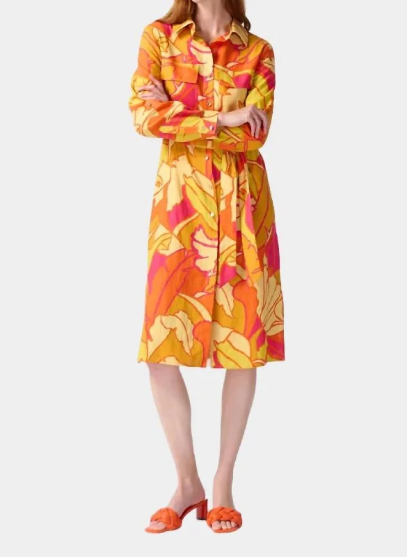 Women's Narrow-Neck DressesLinen Blend Floral Print Shirt Dress In Pink/orange/multi