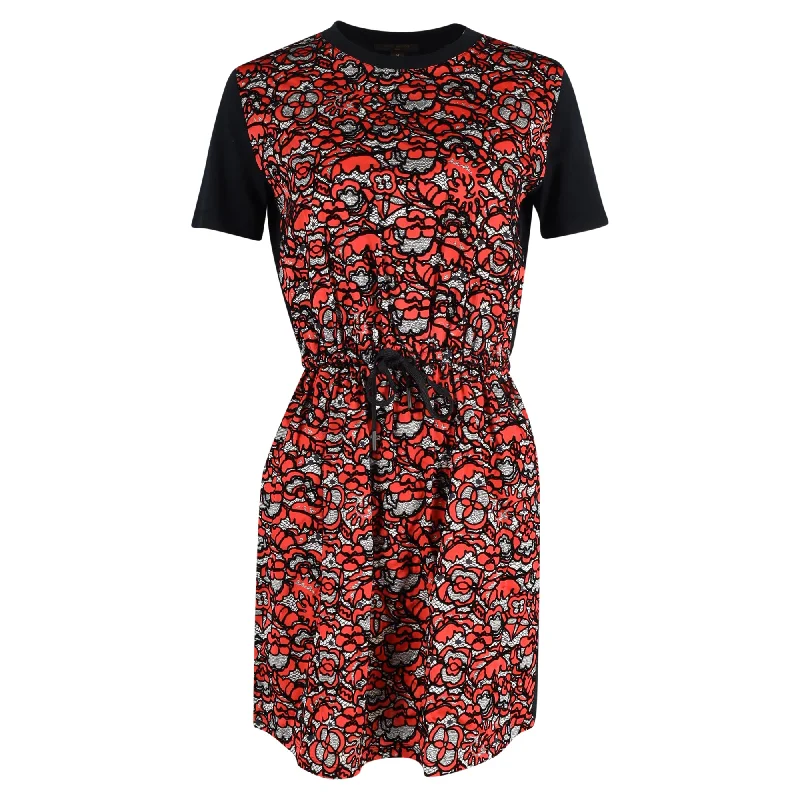 Women's U-Shaped-Neck DressesLouis Vuitton Short Sleeve Floral Print Dress in Red/Black Cotton