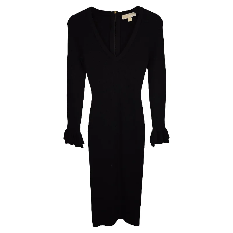 Women's Boat-Back DressesMichael Kors Ribbed Ruffle-Cuff Dress in Black Viscose