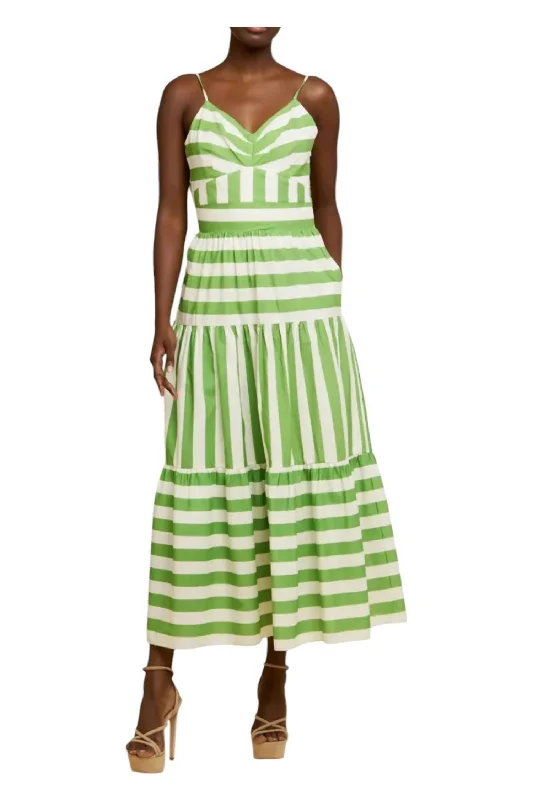 Women's Collarless DressesMixed Stripe Tea Dress In Green