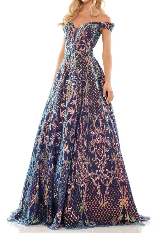 Women's Shawl Collar DressesOff-Shoulder Sequined Evening Dress In Navy