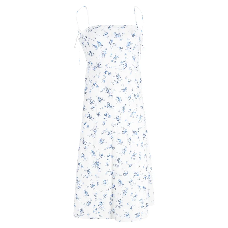 Women's High-Neck DressesReformation Christen Floral Print Self-Tie Dress in White Linen