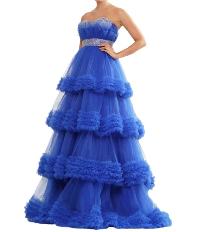 Women's Peter Pan Collar DressesRuffle Tulle Beaded Mesh Dress In Royal Blue