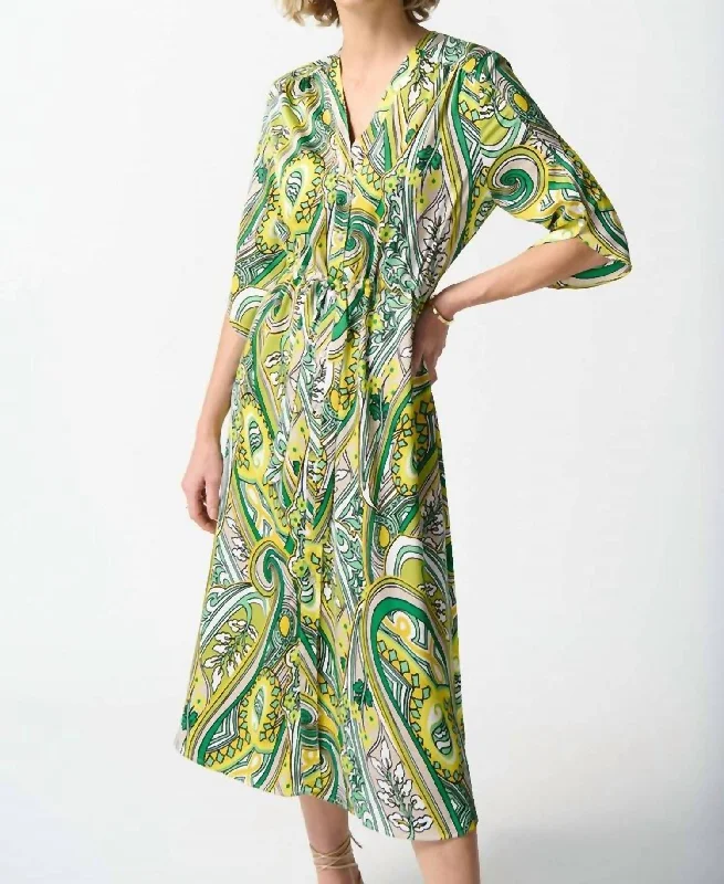 Women's High-Neck DressesSatin Paisley Print Shirt Dress In Green/vanilla/multi