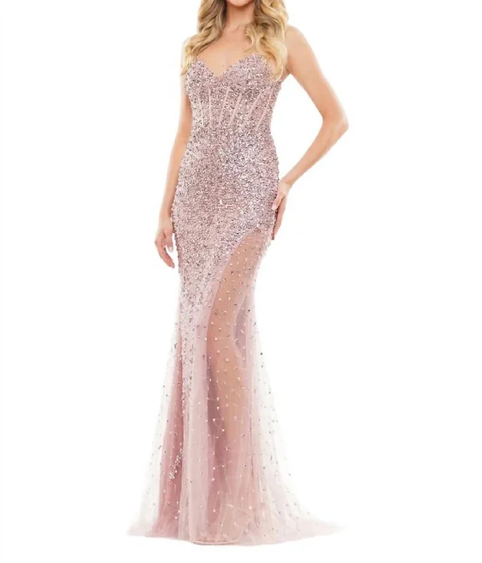 Women's Low-Neck DressesSheer-Side Long Beaded-Mesh Prom Dress In Dusty Rose