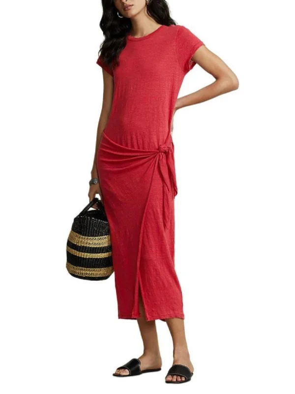 Women's Peter Pan Collar DressesShort Sleeve Wrap Dress In Sunset Red