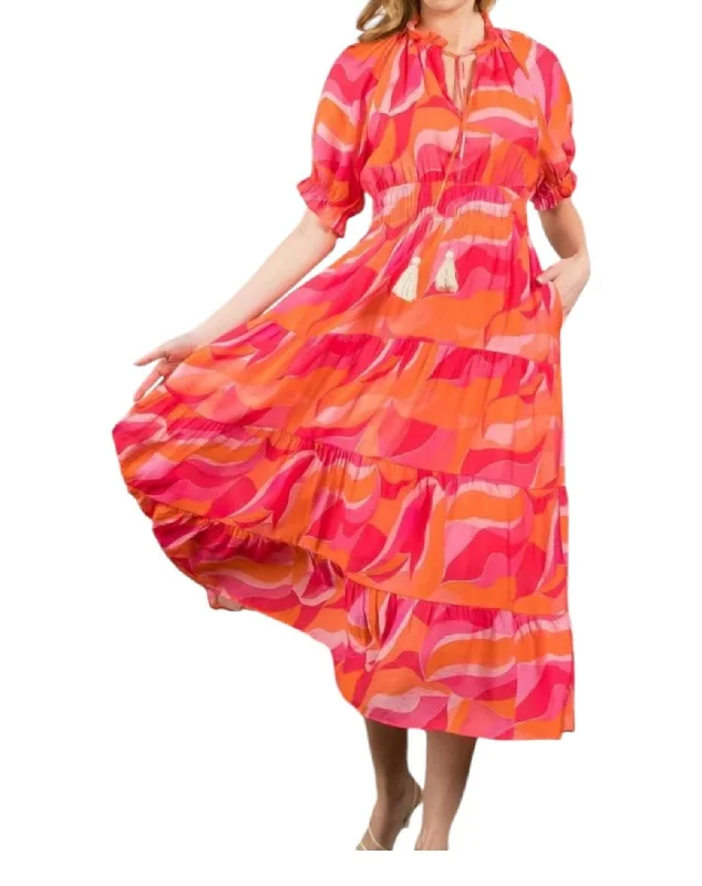 Women's V-Shaped-Neck DressesSmocked Waist Tiered Print Dress In Pink