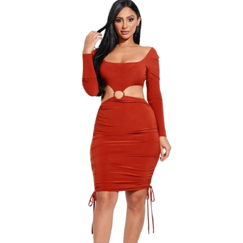 Women's Keyhole Collar DressesSolid Long Sleeve Ruched Short Dress With O Ring