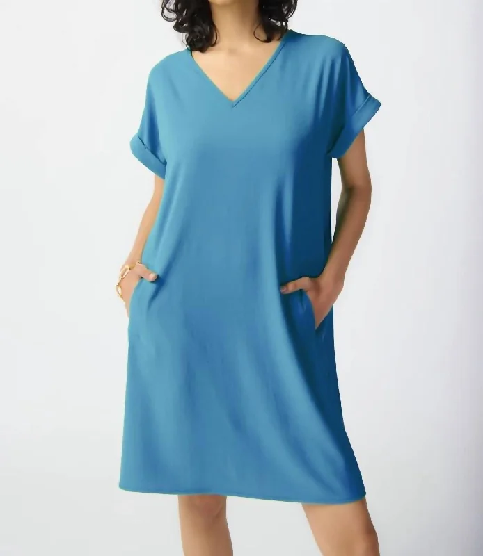 Women's Notched Collar DressesStretch Woven Straight Dress In French Blue