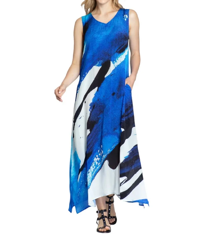 Women's Keyhole Collar DressesV-Neck Tank Long Dress In Blue & White Abstract Print