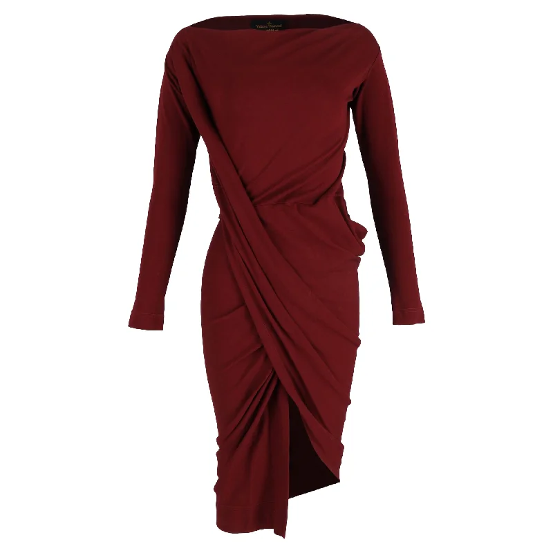 Women's Long-Sleeve DressesVivienne Westwood Knee-Length Long Sleeve Draped Dress in Maroon Cotton