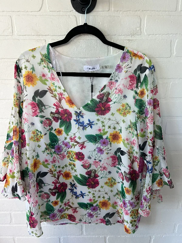 Women's Blouse with Low CollarTop 3/4 Sleeve By Calvin Klein In Floral Print, Size: L