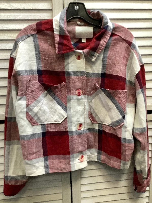 Women's Blouse with ShirringTop Long Sleeve By Ashley In Plaid Pattern, Size: L